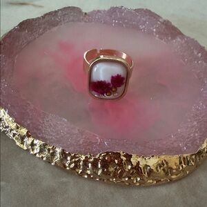Gold-Tone Pink Floral Resin Statement Ring for Women